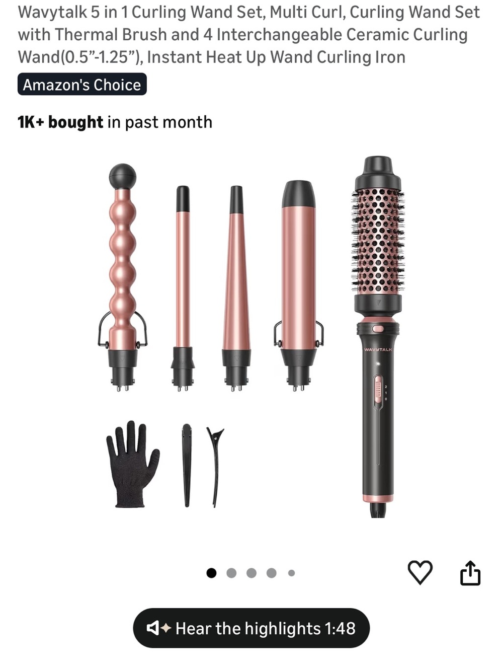 Wavytalk 5-in-1 Curling Wand Set with Thermal Brush - Rose Gold & Black